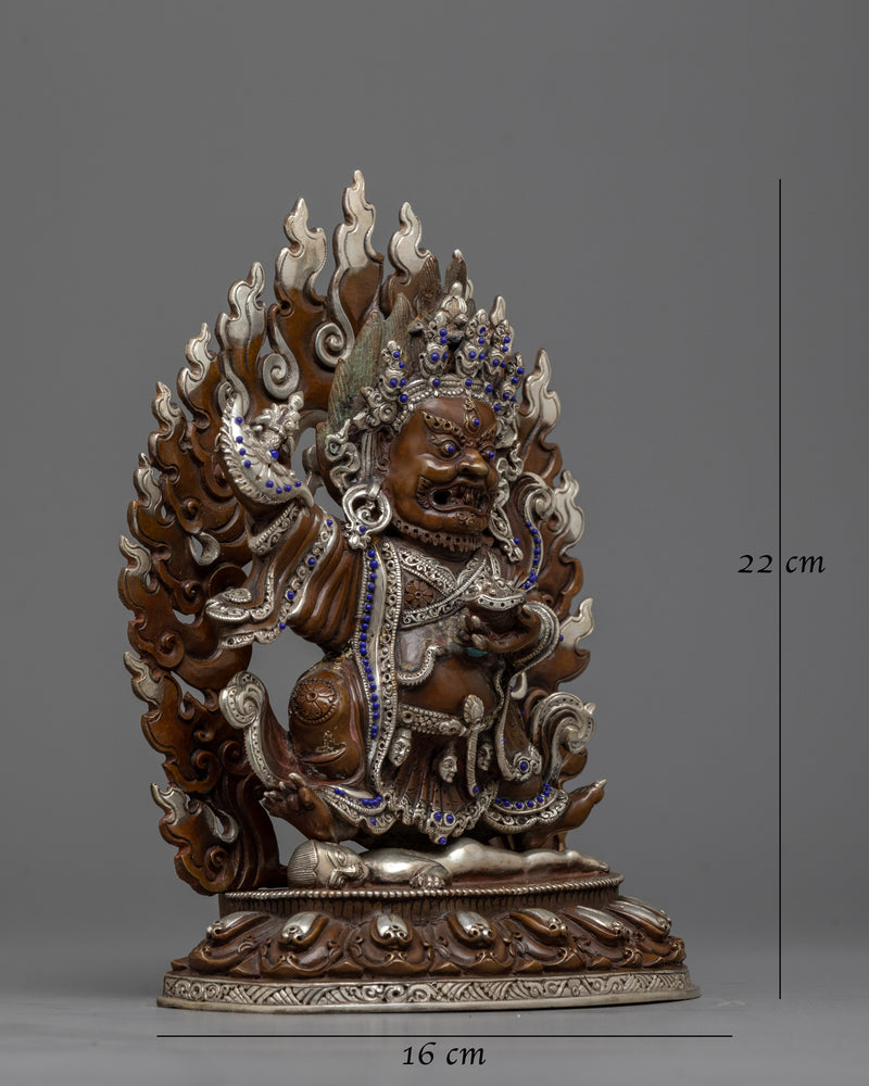 Mahakala Bernagchen Silver-Plated Oxidized Statue | Guardian of Wisdom and Protection