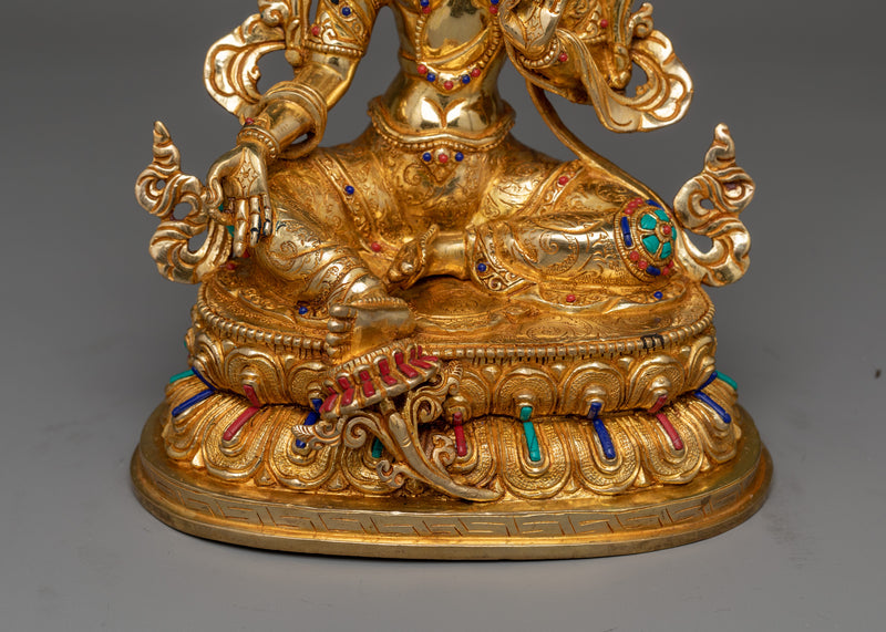 Elegant Mata Green Tara Gold Gilded Statue | Handcrafted Symbol of Protection