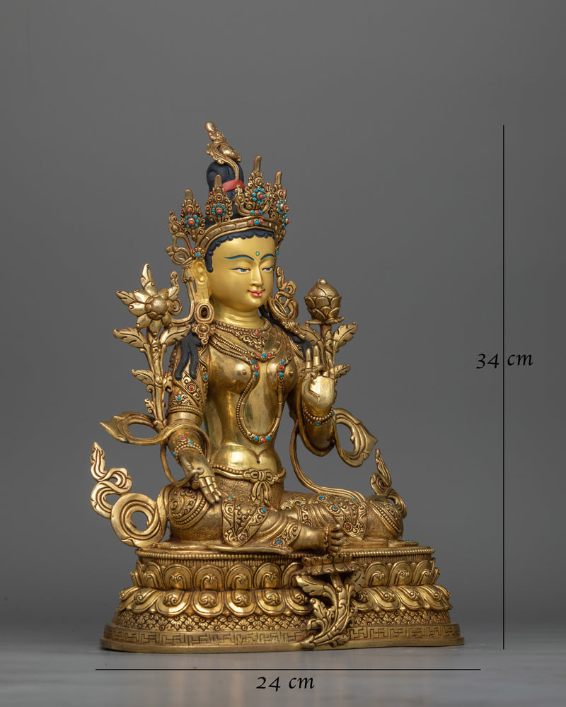 Green Tara 34 cm Gold Gilded Statue | Handcrafted Symbol of Protection