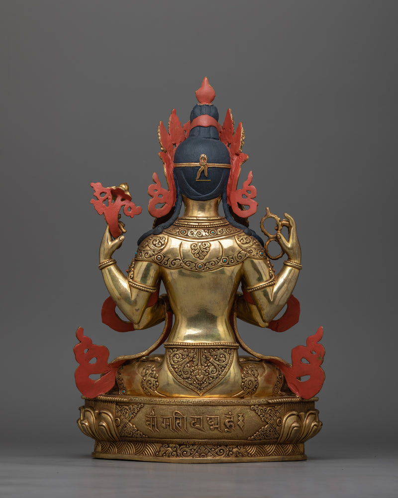 Elegant Chenrezig Gold Gilded Copper Statue | Handcrafted Symbol of Compassion