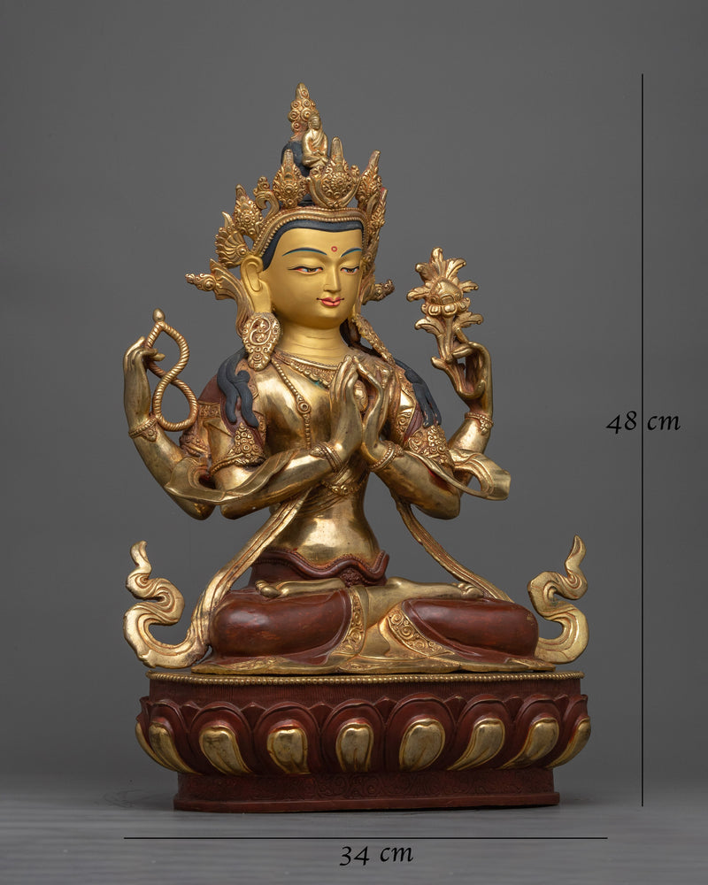 Gold-Gilded Chenrezig Oxidized Statue | A Majestic Symbol of Compassion and Mercy