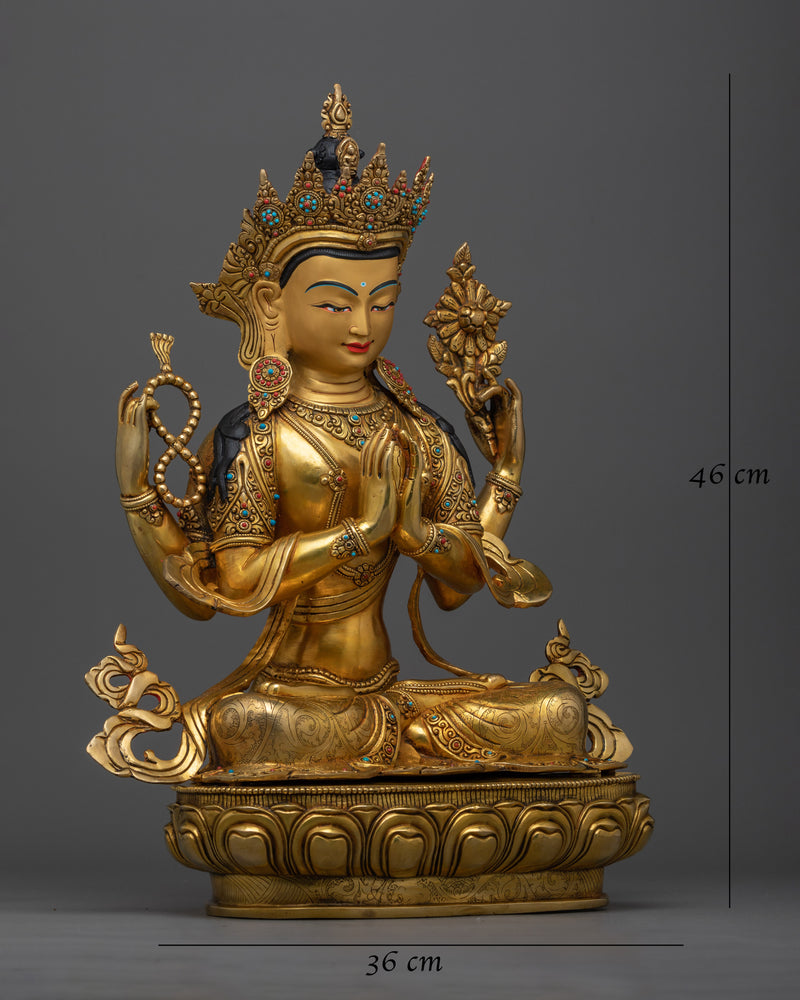 Chenrezig 24K Gold-Gilded Statue | A Majestic Representation of Compassionate Presence