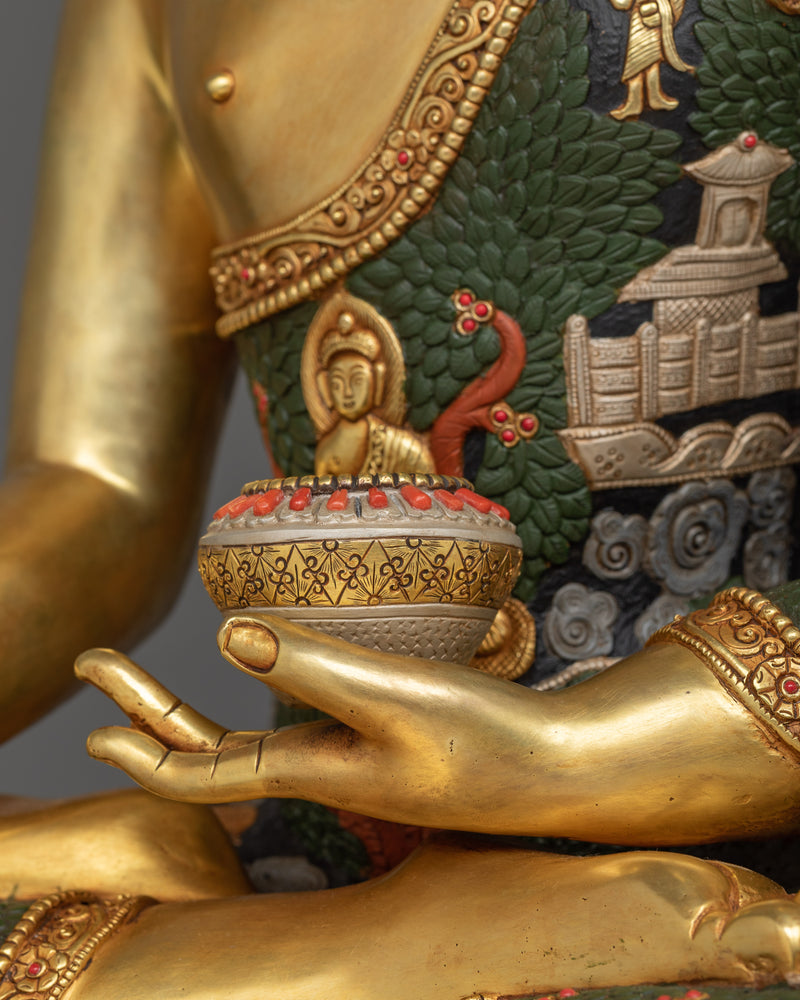 Exquisite Shakyamuni Buddha Green-Red-Colored Statue | A Masterpiece of Spiritual Artistry