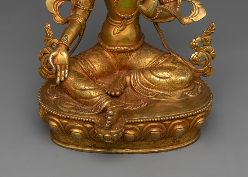 Green Tara Gold-Gilded Antique Touch Statue | A Symbol of Compassion and Protection