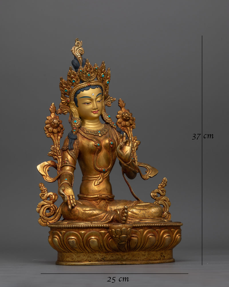 Green Tara Gold-Gilded Antique Touch Statue | A Symbol of Compassion and Protection