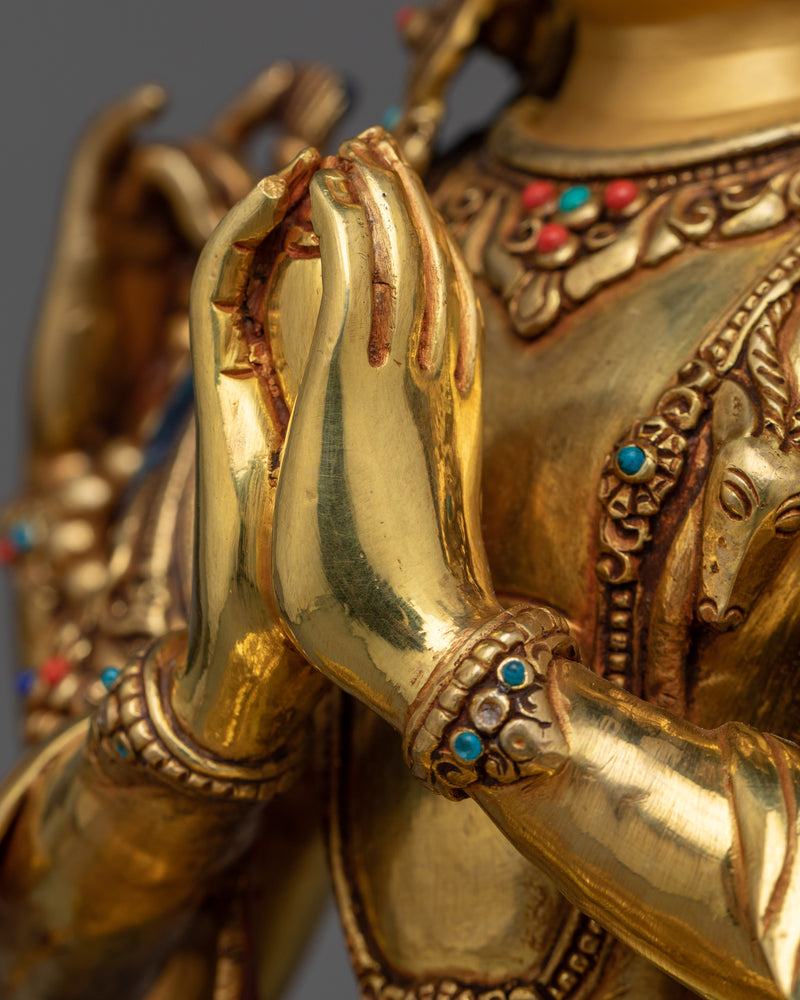 24K Gold Gilded Chenrezig Statue | Embodiment of Compassion and Serenity