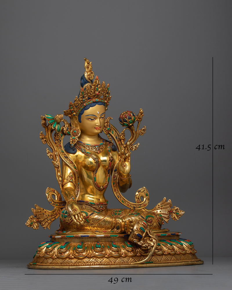 Green Tara Adorned with Hand-Carved Gemstone Statue | Emblem of Liberation and Compassion