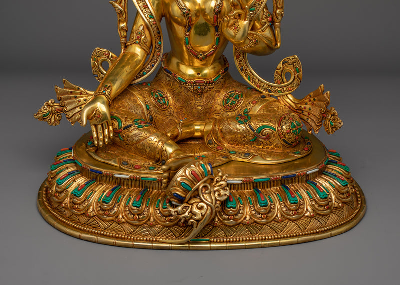 Green Tara Adorned with Hand-Carved Gemstone Statue | Emblem of Liberation and Compassion