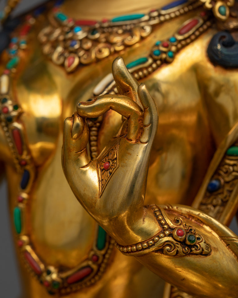 Green Tara Adorned with Hand-Carved Gemstone Statue | Emblem of Liberation and Compassion