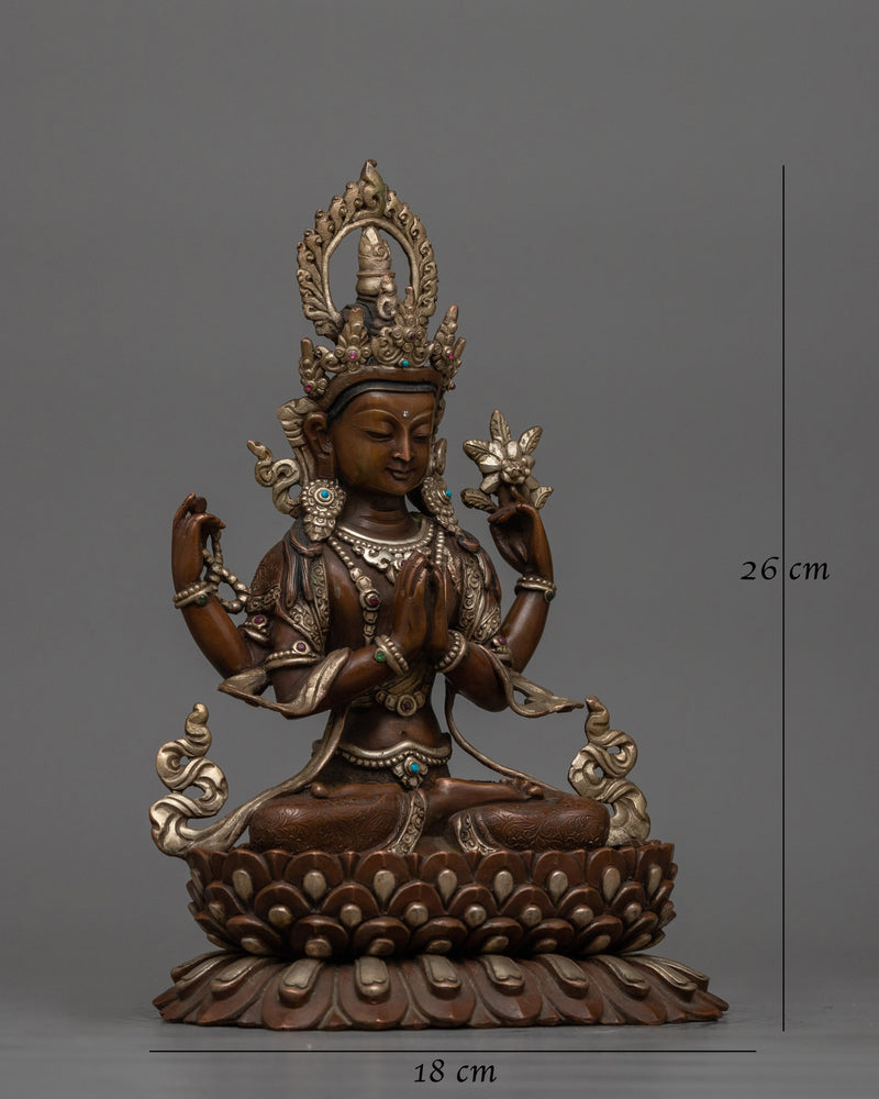 Chenrezig Silver Plated Oxidized 26cm Statue | Handcrafted Symbol of Compassion