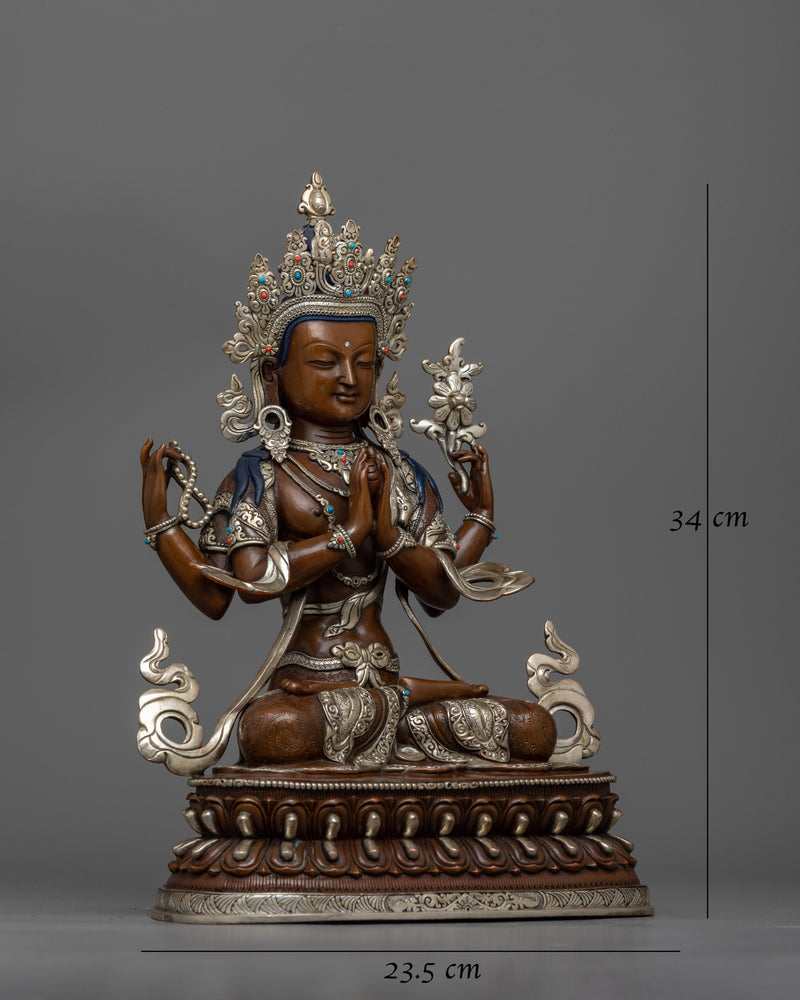 Chenrezig Silver Plated Oxidized 34cm Statue | Handcrafted Symbol of Compassion