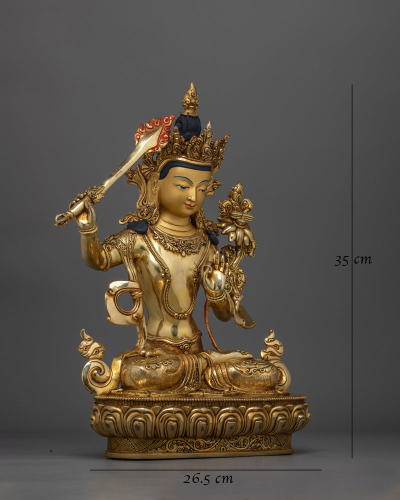 Manjushri Gold Gilded 35cm Statue | Handcrafted Artwork of Wisdom