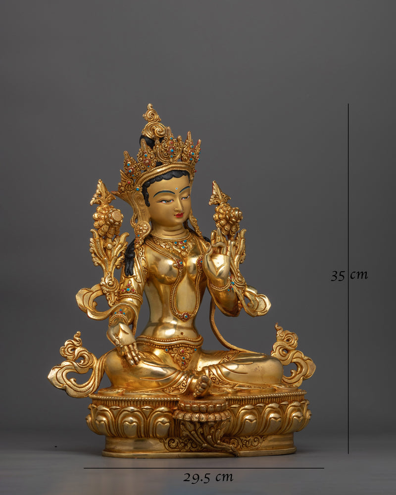 Graceful Green Tara Gold Gilded Statue | Symbol of fine Handcrafted Buddhist Artwork