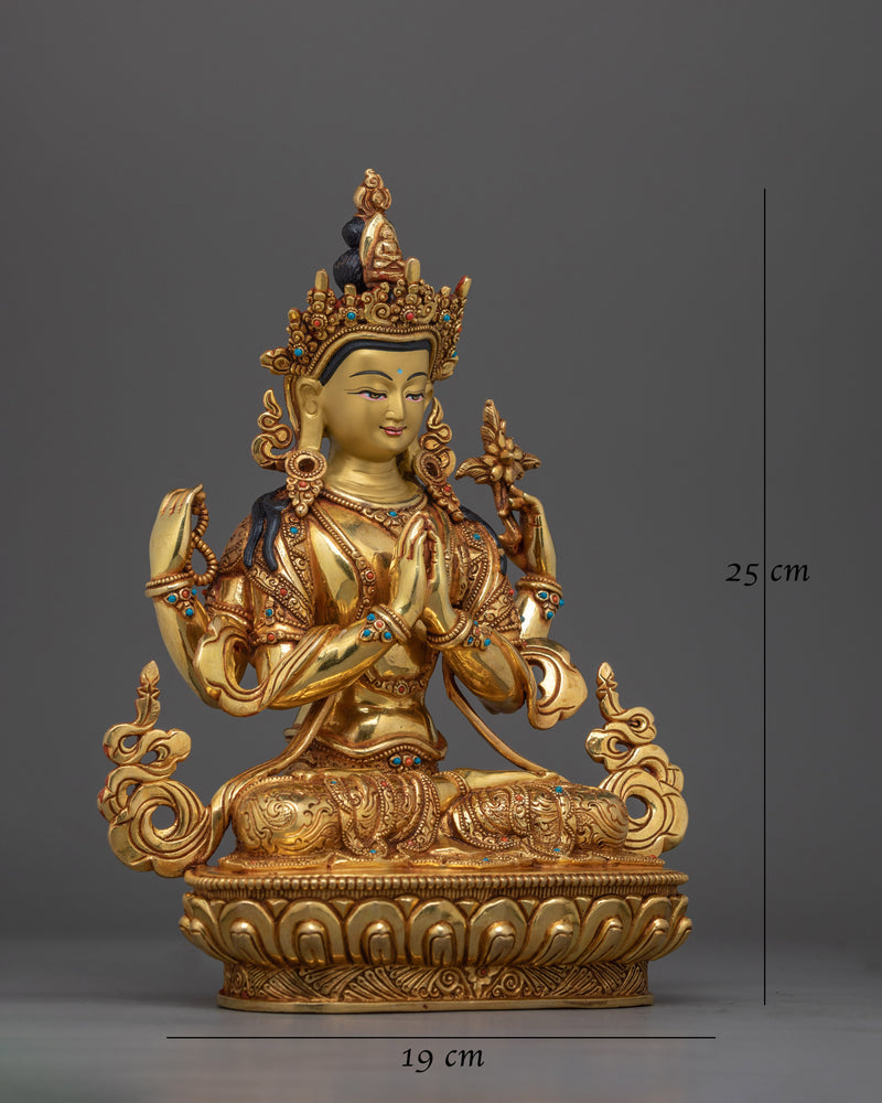 Chenrezig Gold Gilded Compassionate Deity Statue | Embodiment of love-kindness