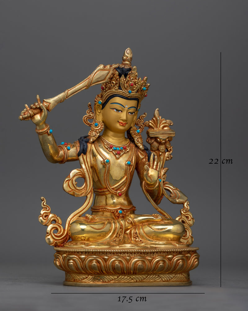 Manjushri 22cm Gold Gilded Statue | Beacon of Wisdom and Insight