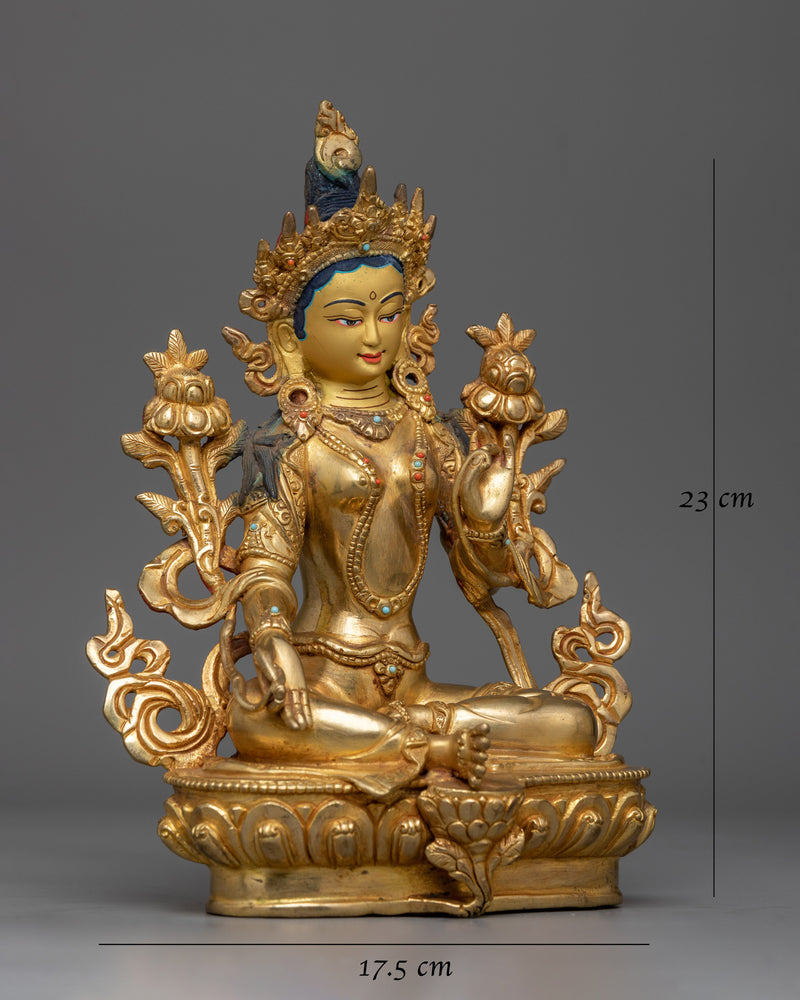 Green Tara Gold Gilded Small Statue | Essence of Compassion and Protection