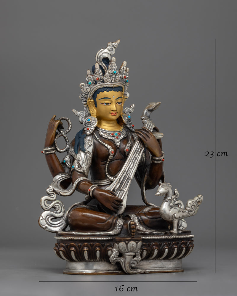 Saraswati Handmade Silver-Plated Statue | Goddess of Knowledge