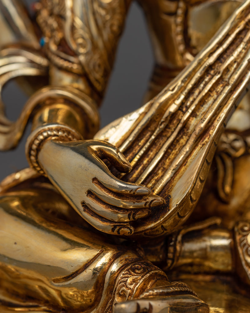 Saraswati Handmade Gold Gilded Statue | Icon of Knowledge and Art