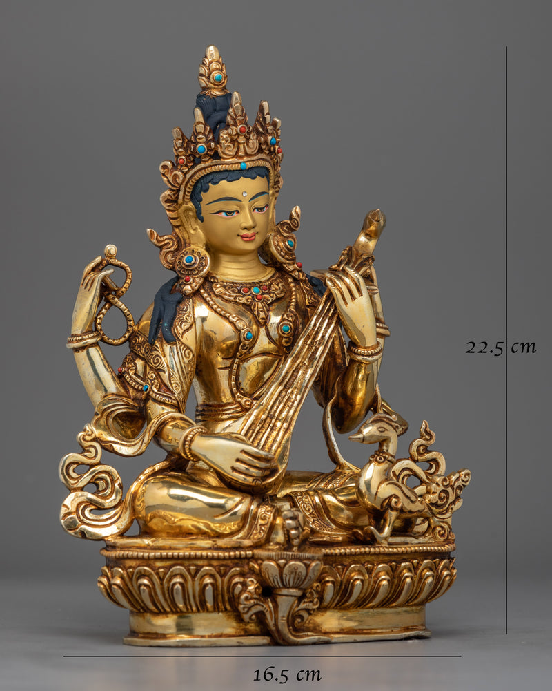 Saraswati Handmade Gold Gilded Statue | Icon of Knowledge and Art