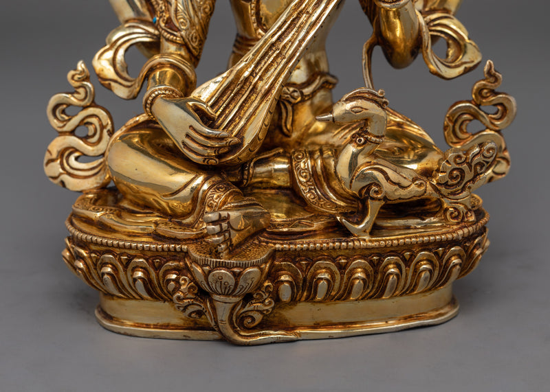 Saraswati Handmade Gold Gilded Statue | Icon of Knowledge and Art