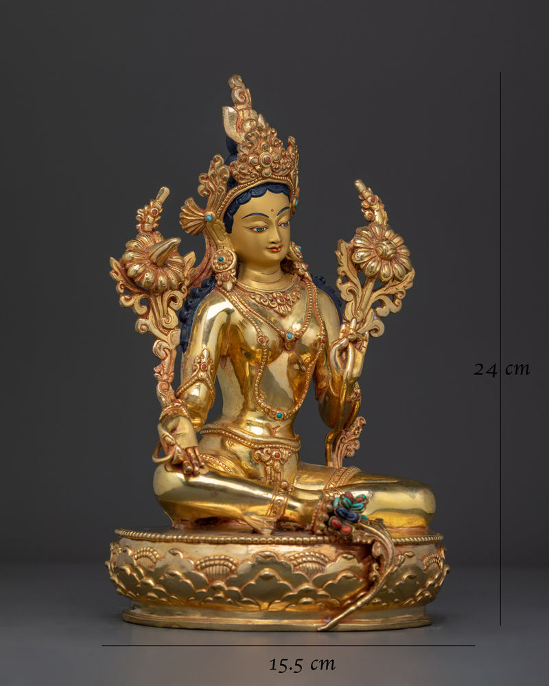 Green Tara Protective Goddess in Gold Gilded Statue | Symbol of Compassion and Protection