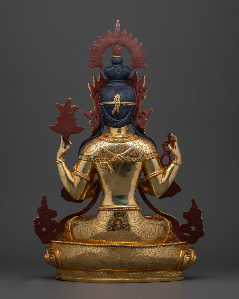 Handmade Compassion Deity Chenrezig Statue | Elegance in Copper and Gold