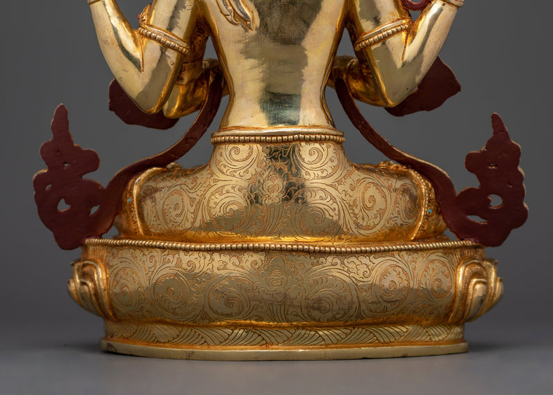 Handmade Compassion Deity Chenrezig Statue | Elegance in Copper and Gold