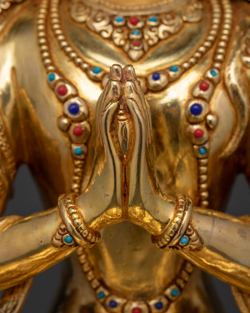 Handmade Compassion Deity Chenrezig Statue | Elegance in Copper and Gold