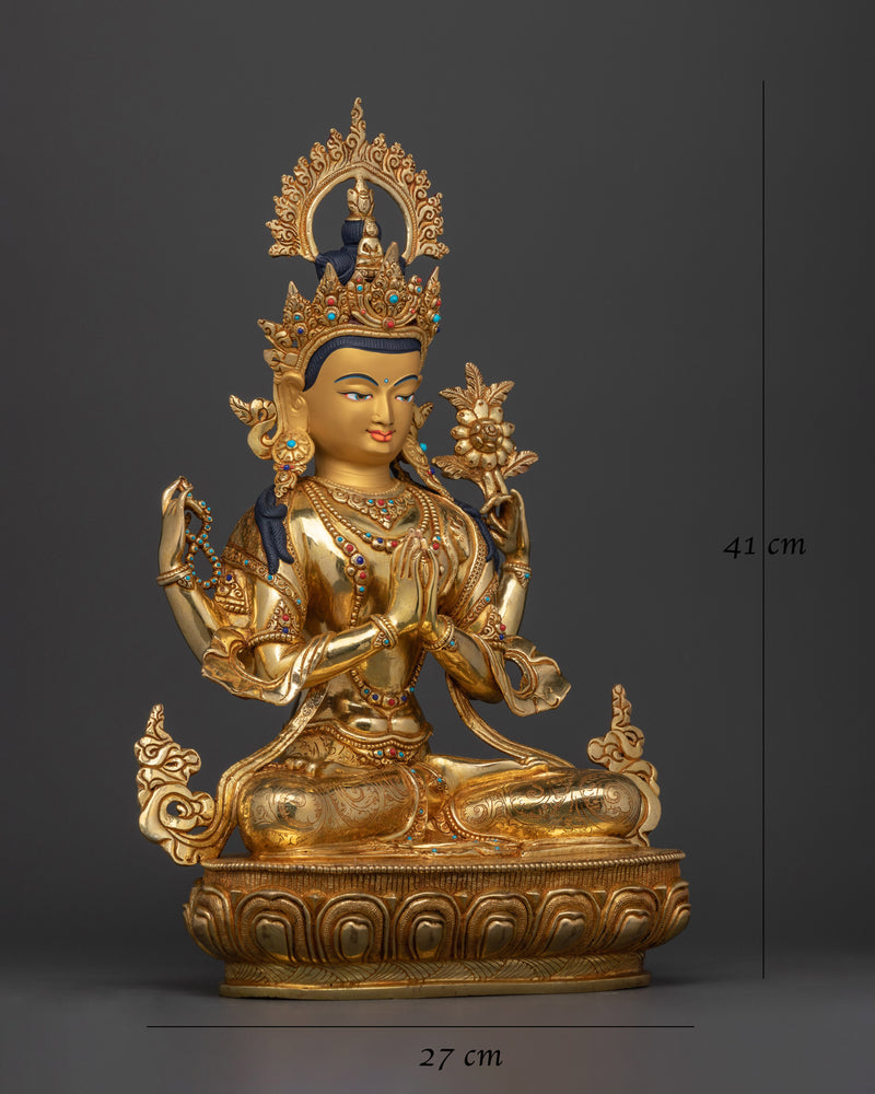 Handmade Compassion Deity Chenrezig Statue | Elegance in Copper and Gold