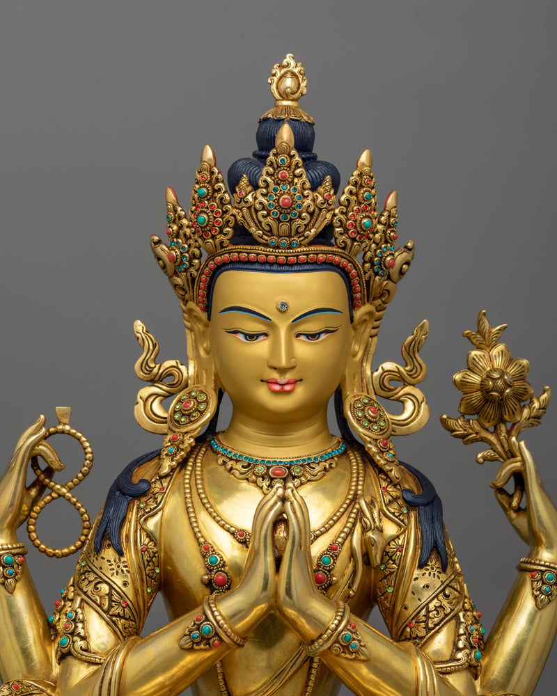 Four Armed Chenrezig Sculpture for Buddhist Shrine | Handmade in Nepal