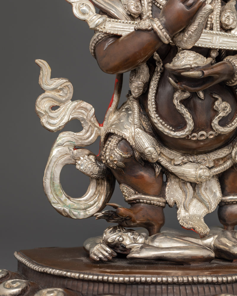 Shakya Mahakala Silver Plated Oxidized Copper Statue | Guardian of the Dharma