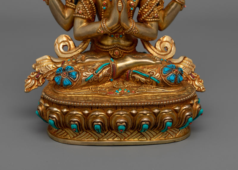 Sacred Chenrezig Buddha Statue | 24K Gold Gilded Avalokiteshvara with Hand Carved Gemstones