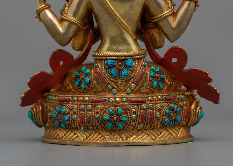 Sacred Chenrezig Buddha Statue | 24K Gold Gilded Avalokiteshvara with Hand Carved Gemstones