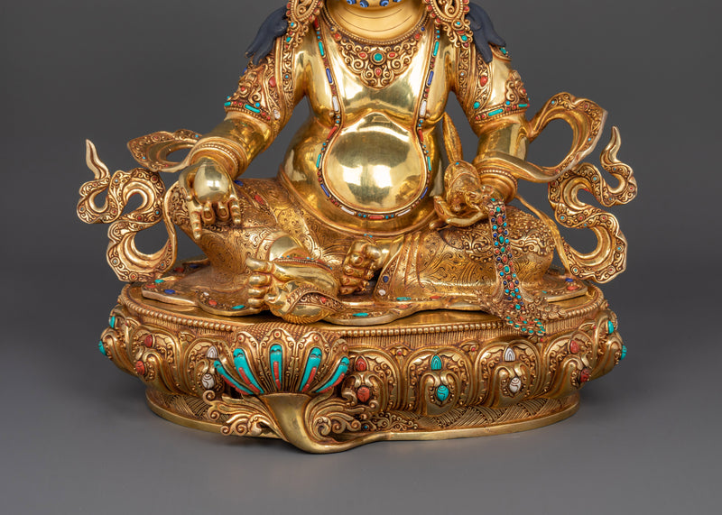 Dzambhala Buddha | 24K Gold Gilded Copper Statue with Hand Carved Gemstones