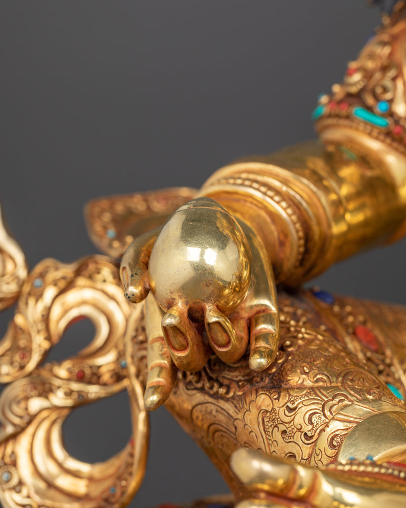 Dzambhala Buddha | 24K Gold Gilded Copper Statue with Hand Carved Gemstones