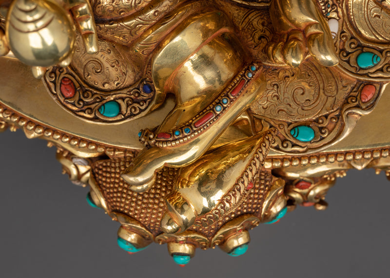 Dzambhala Buddha | 24K Gold Gilded Copper Statue with Hand Carved Gemstones