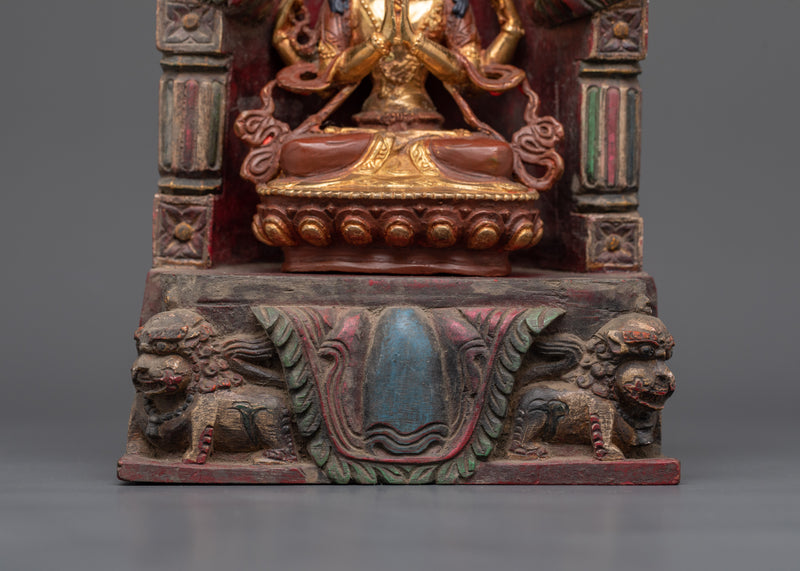 Chenrezig with Throne | Handcrafted 24K Gold Gilded Copper and Wood Statue