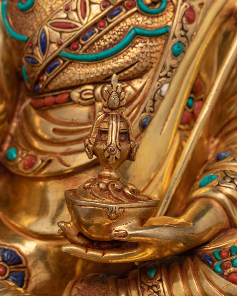 Sacred Guru Rinpoche Statue | Handcrafted 24K Gold Gilded Copper Sculpture