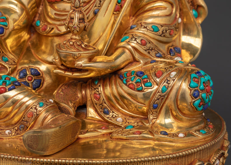 Sacred Guru Rinpoche Statue | Handcrafted 24K Gold Gilded Copper Sculpture