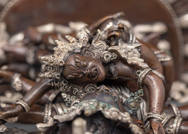 Sacred Hayagriva with Consort | Oxidized Copper and Silver-Plated Statue