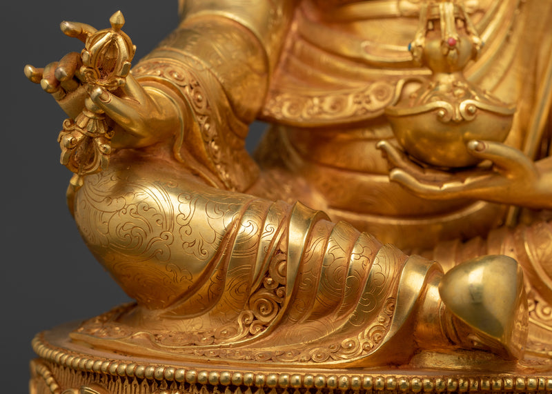 Sacred Guru Rinpoche Statue | 24K Gold Gilded with Hand Carved Gemstones