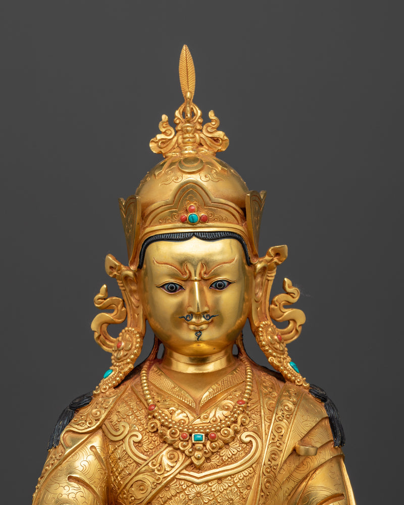 Sacred Guru Rinpoche Statue | 24K Gold Gilded with Hand Carved Gemstones