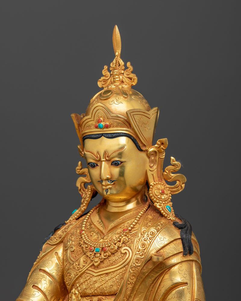 Sacred Guru Rinpoche Statue | 24K Gold Gilded with Hand Carved Gemstones