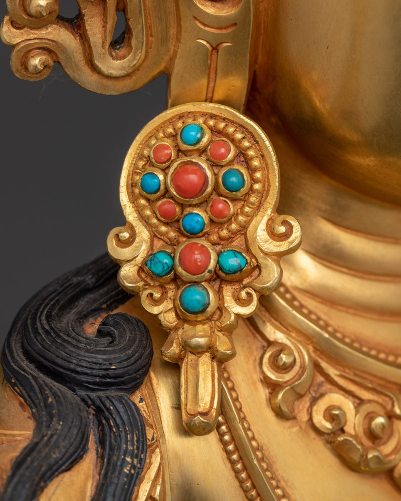 Sacred Manjushri Bodhisattva Statue | 24K Gold Gilded with Hand Carved Gemstones