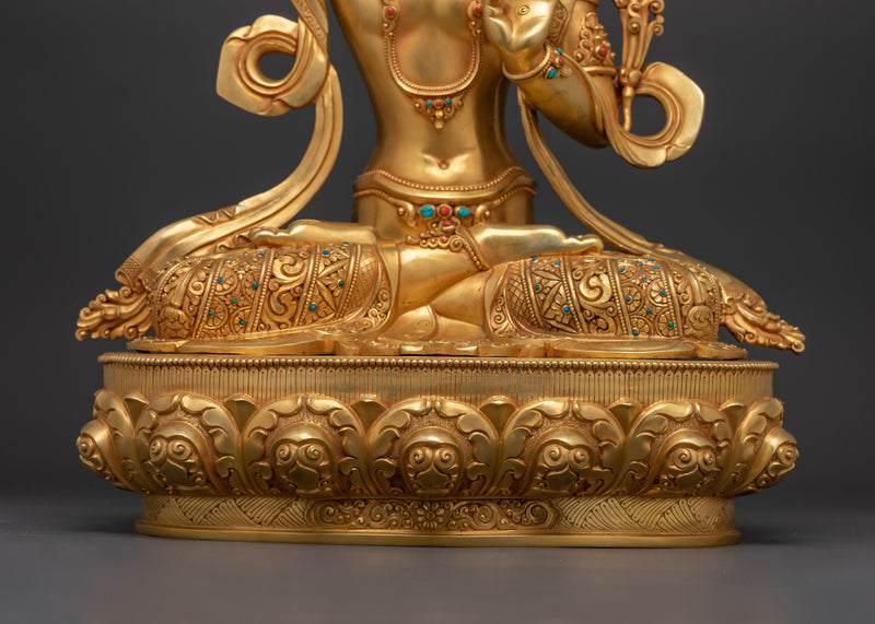 Sacred Manjushri Bodhisattva Statue | 24K Gold Gilded with Hand Carved Gemstones