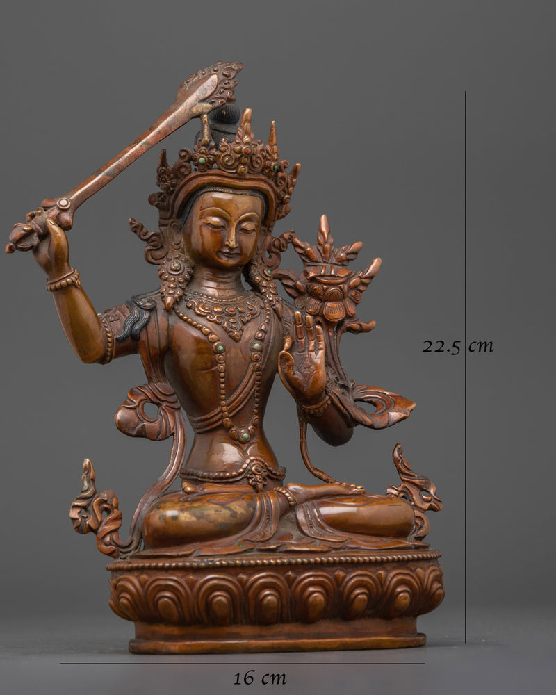 Hand-carved Manjushri Deity Statue | Oxidized Copper Wisdom Sculpture