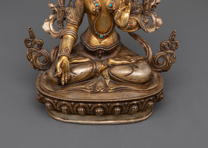 Sacred White Tara Buddha Statue | Antique Finished Gold Gilded Copper Sculpture