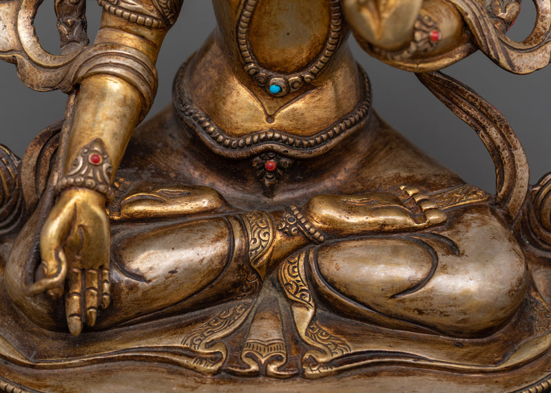 Sacred White Tara Buddha Statue | Antique Finished Gold Gilded Copper Sculpture