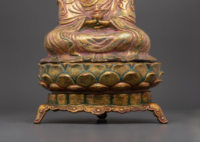 Asian-Made Sacred Buddhist Master Statue | Antique Finished Gold Gilded Copper Art