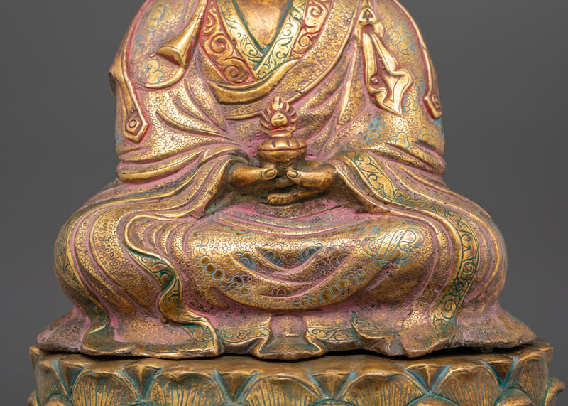 Asian-Made Sacred Buddhist Master Statue | Antique Finished Gold Gilded Copper Art